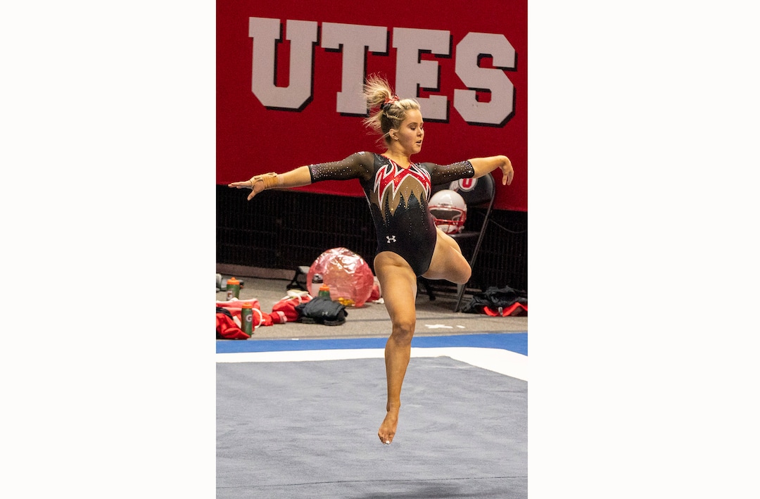 (Rick Egan | The Salt Lake Tribune)   Andrienne Randall competes on the floor, in PAC-12 gymnastics action between The University of Washington and The University of Utah at Jon M. Huntsman Center in Salt Lake City, on Saturday, Jan. 30, 2021.