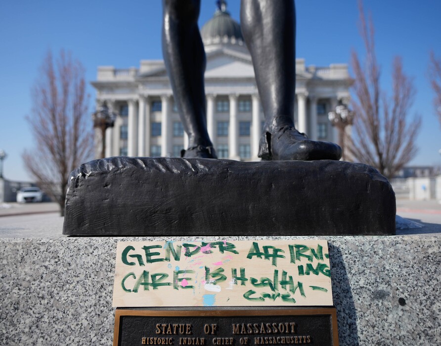 (Francisco Kjolseth | The Salt Lake Tribune) A sign is left behind at the Utah Capitol in support of transgender care on Thursday, Feb. 2, 2023.