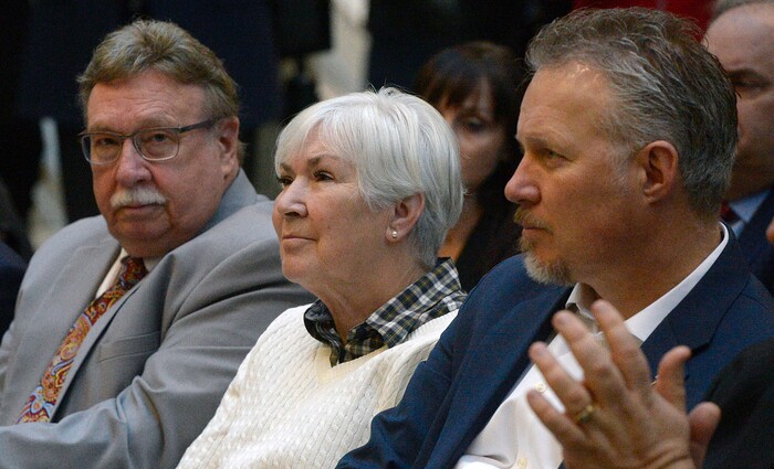 (Al Hartmann  |  The Salt Lake Tribune) 	
Husband Kim Wilson, left, Gail Miller and son Greg Miller are present at announcement at the University of Utah Medical Center Nov. 13 that the University of Utah will receive a $5.3 million gift from Larry H. and Gail Miller Family Foundation to fight diabetes, called "Driving Out Diabetes:  A Larry H. Miller Wellness Initiative."