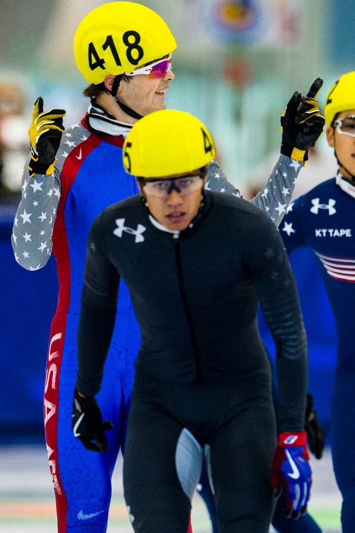 (Chris Detrick  |  The Salt Lake Tribune) J.R. Celski (405) and John-Henry Krueger (418) react after competing in the US Short Track Fall World Cup Qualifier at the Utah Olympic Oval Saturday, August 19, 2017. 