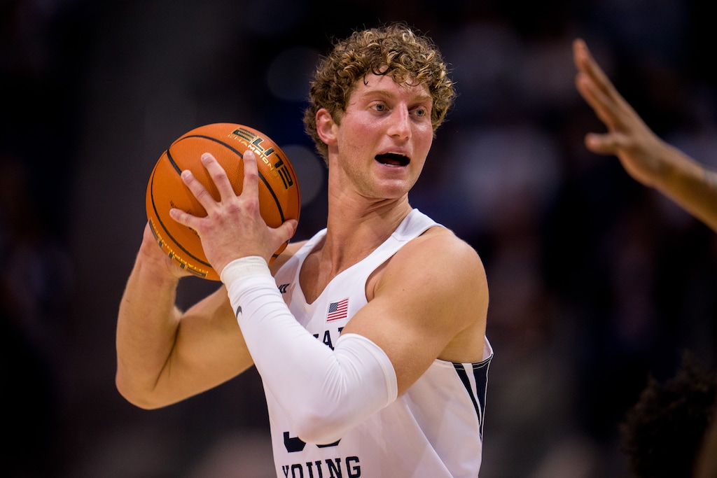 (Trent Nelson  |  The Salt Lake Tribune) Brigham Young Cougars forward Caleb Lohner (33) as BYU hosts San Diego State, NCAA basketball in Provo on Friday, Nov. 12, 2021.
