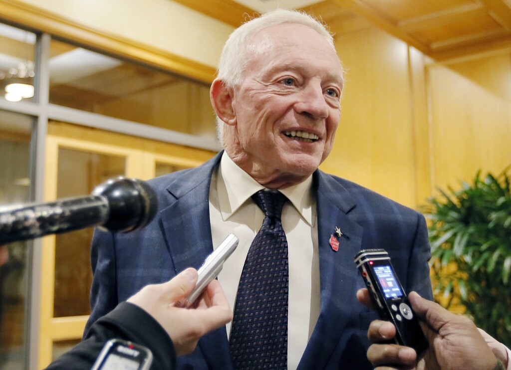 FILE - In this Dec. 2, 2015 file photo, Dallas Cowboys owner Jerry Jones speaks to the media in Irving, Texas. Jerry Jones hinted moments after a surprising 4-12 season ended that the Cowboys might trade down rather than use the No. 4 pick in the draft. (AP Photo/Brandon Wade, File)
