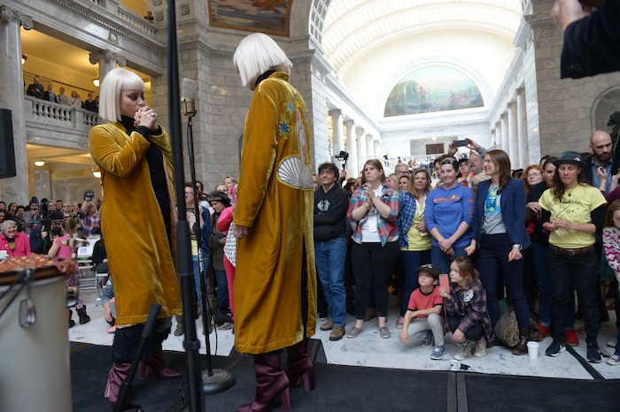 (Leah Hogsten | The Salt Lake Tribune) Lead singers with Lucius, l-r Holly Laessig and Jess Wolfe inspired the crowd at Amplifying WomenÕs Voices rally to celebrate International WomenÕs Day at the Utah State Capitol Rotunda, hosted by KRCL Thursday, March 8, 2018.
