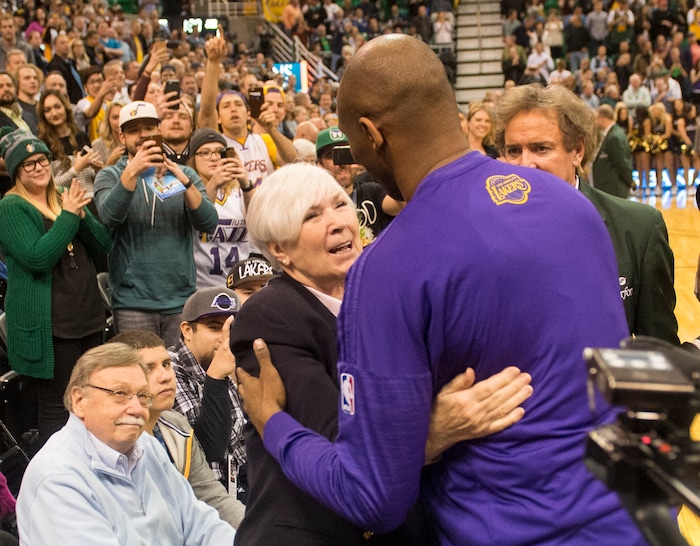 Rick Egan  |  The Salt Lake Tribune

Los Angeles Lakers forward Kobe Bryant (24) hugs Gail Miller, before his last basketball game in Utah, as the Utah Jazz played the The Los Angeles Lakers, in Salt Lake City, Monday, March 28, 2016.