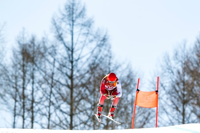 (Chris Detrick  |  The Salt Lake Tribune)   Switzerland's Mauro Caviezel competes in the Men's Alpine Combined Downhill at Jeongseon Alpine Centre during the Pyeongchang 2018 Winter Olympics Tuesday, February 13, 2018.  Caviezel finished the downhill event in 6th place with a time of 1:20.47.