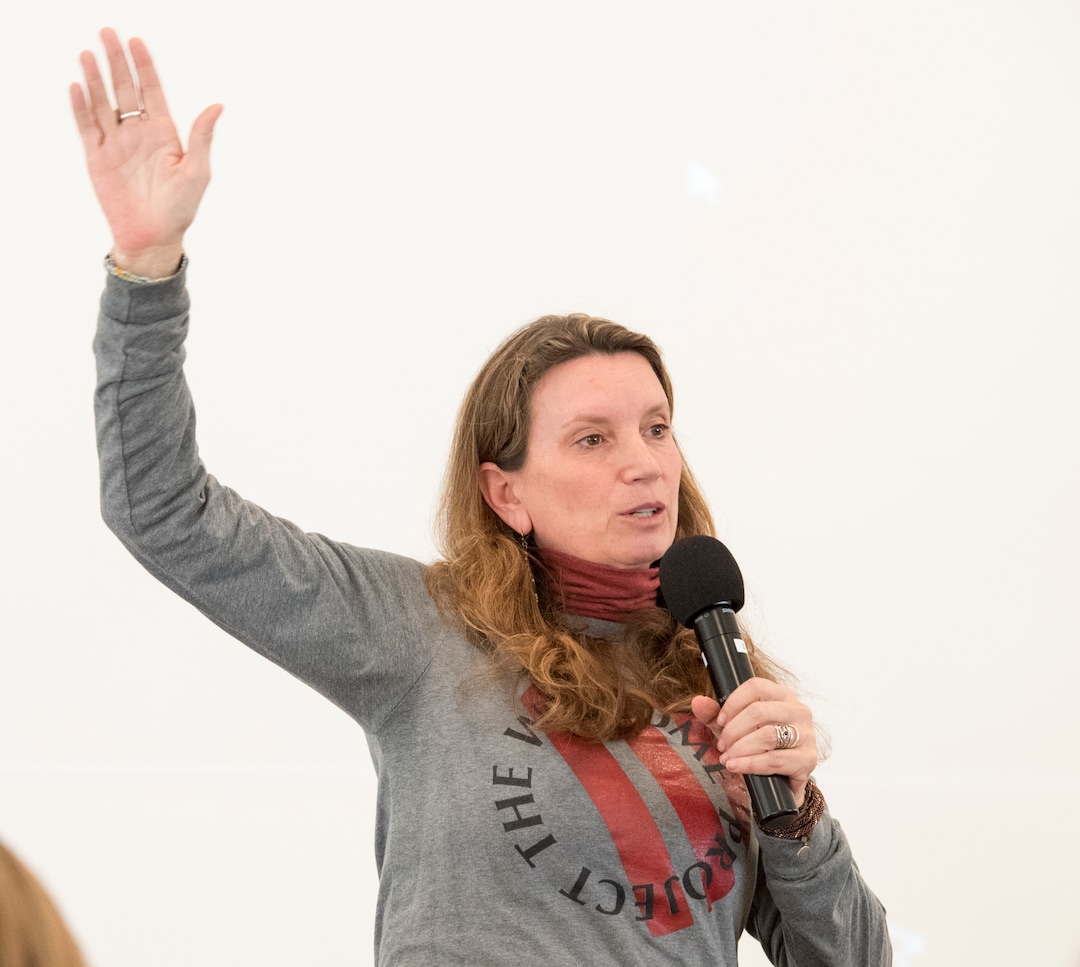 (Rick Egan  |  The Salt Lake Tribune)       Keynote speaker and author, the Rev. Becca Stevens gives a presentation during the "Love Heals" forum on trafficking at St. Mark's Cathedral, Friday, March 23, 2018.
