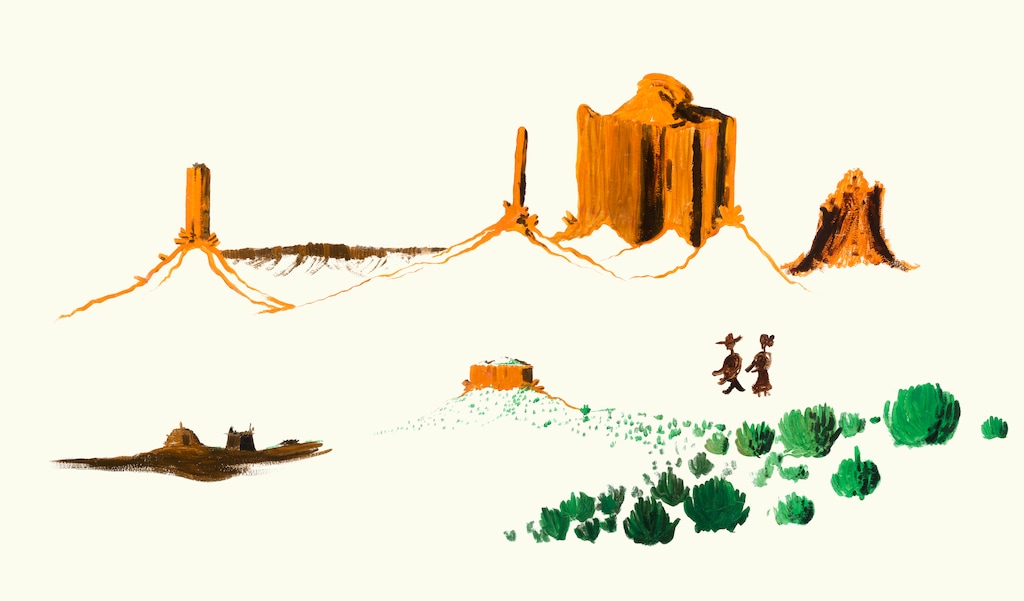 (Nora Eccles Harrison Museum of Art) A mural titled "Tsé Bii’ Ndzisgaiidi Dah Hooghan" (Homestead in Monument Valley), created by an unknown Native American artist, is part of the Nora Eccles Harrison Museum of Art exhibition "Repainting the I: The Intermountain Intertribal Indian School Murals."