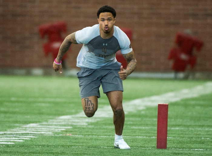 (Rick Egan  |  The Salt Lake Tribune)      Troy McCormick Jr, runs the agility drills, during University of Utah's 2018 Pro Day for NFL scouts, at Spence Eccles Field House, Wednesday, March 28, 2018.