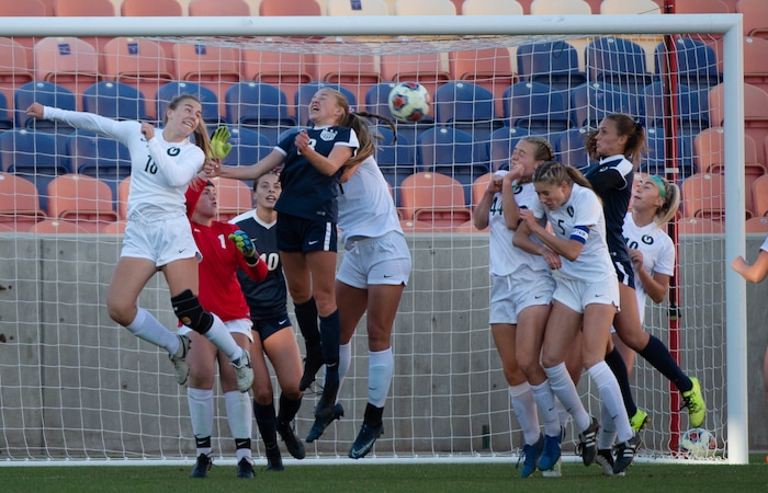 (Francisco Kjolseth  |  The Salt Lake Tribune) A corner kick by Bonneville misses its mark as Olympus and Bonneville compete in their 5A high school girls championship game at Rio Tinto Stadium in Sandy on Friday, Oct. 23, 2020. Bonneville went on to win 1-0 in overtime.