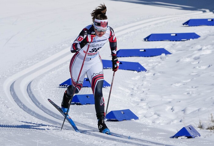 (Francisco Kjolseth | The Salt Lake Tribune) Sydney Palmer-Leger of the University of Utah competes during the women’s 5K classic in the NCAA Skiing Championships held at the Soldier Hollow Nordic Center on Thursday, March 10, 2022 in Midway, Utah.