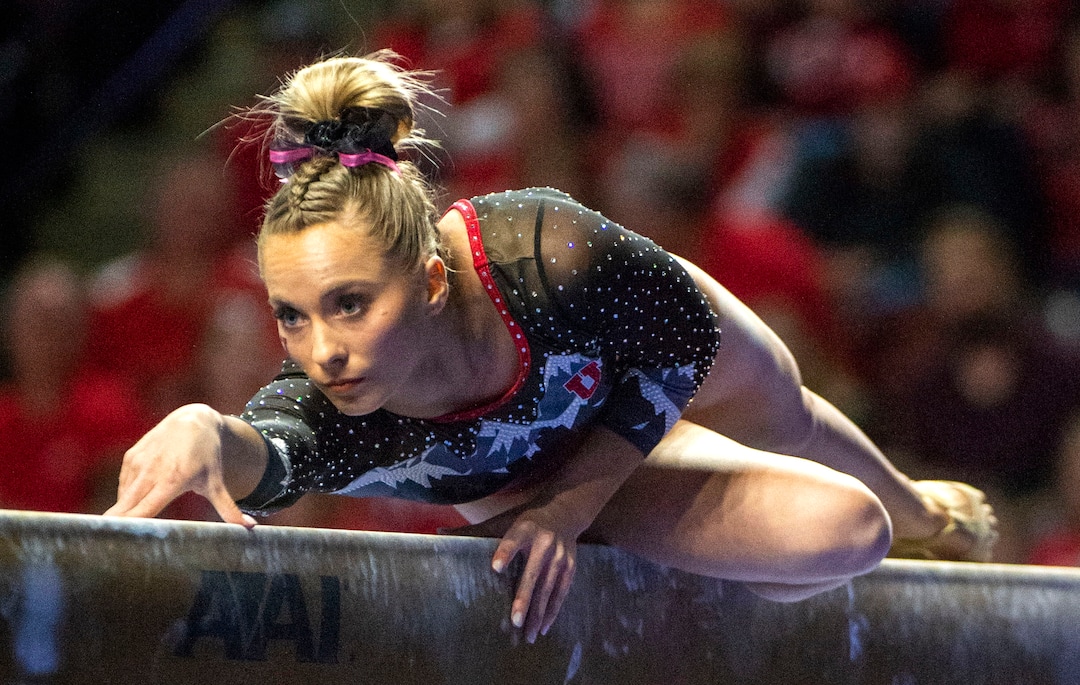 (Rick Egan  |  The Salt Lake Tribune)    MyKayla Skinner competes on the balance beam for Utah, in the PAC-12 Gymnastics Championships at the Maverik Center, Saturday, March 23, 2019.