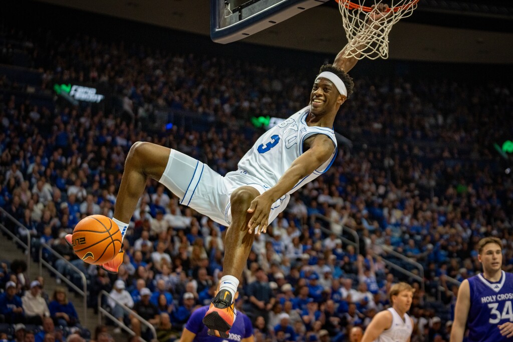 (Rick Egan | The Salt Lake Tribune) BYU forward AJ Dybantsa (3) dunks the ball in the Marriott Center in Provo.

 