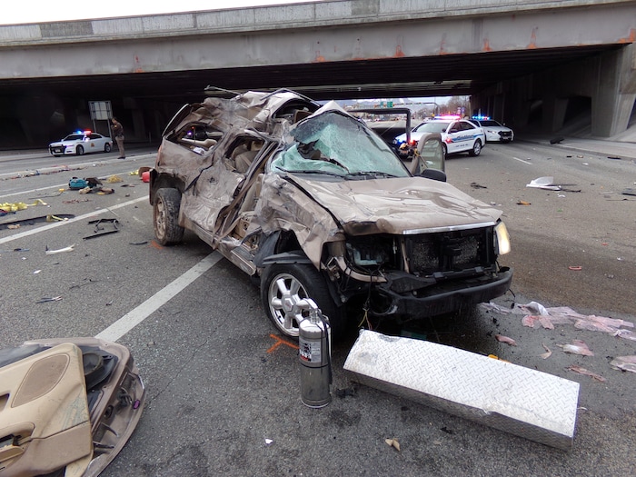(Photo courtesy of the Utah Department of Public Safety) A driver was killed Sunday when his pickup went off Interstate 215, jumped an off-ramp and struck a vehicle that was traveling on 3500 South in West Valley City.