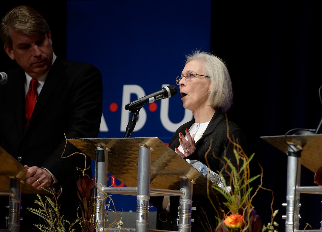 (Scott Sommerdorf   |  The Salt Lake Tribune)   Dr. Kathie Allen makes a point during Utah's 3rd District Congressional debate, Friday, October 13, 2017. 