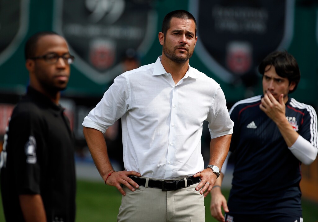 New York Red Bulls head coach Mike Petke stands near the bench before an MLS soccer match against the D.C. United , at RFK Stadium, Sunday, Aug. 31, 2014, in Washington. (AP Photo/Alex Brandon)