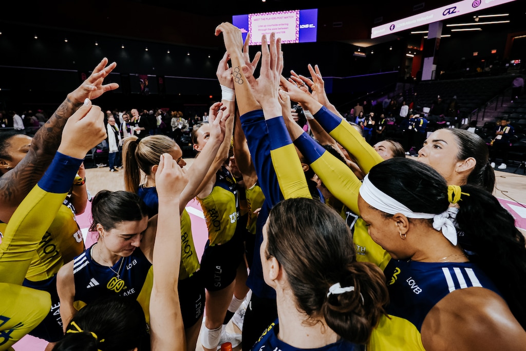 (Love One Volleyball) Members of LOVB Salt Lake City gather during a match. The team was officially acquired by the private-equity fund Synergy Sports Capital on Thursday.  
