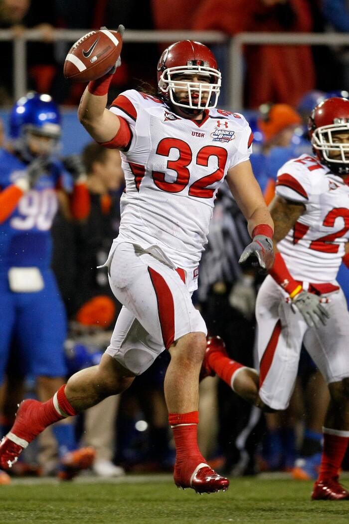 (Chris Detrick  |  Tribune File Photo)  Utah Utes linebacker Chaz Walker #32 celebrates after recovering a fumble during the first half of the Maaco Bowl at Sam Boyd Stadium Wednesday December 22, 2010.  Boise State won the game 26-3.