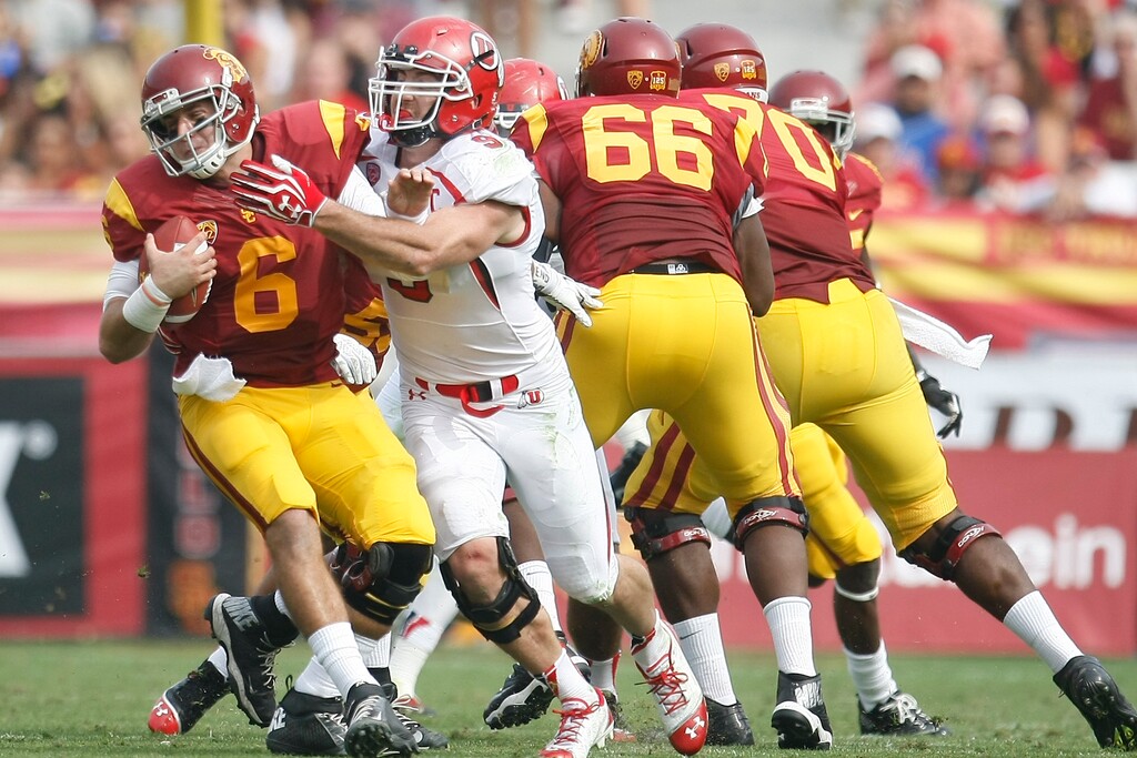 Chris Detrick  |  The Salt Lake Tribune file photo 
Utah Utes defensive end Trevor Reilly (9) sacks USC Trojans quarterback Cody Kessler (6) during the first half of a 2013 game. Reilly is among 10 former Utes on the Salt Lake Stallions' roster.
