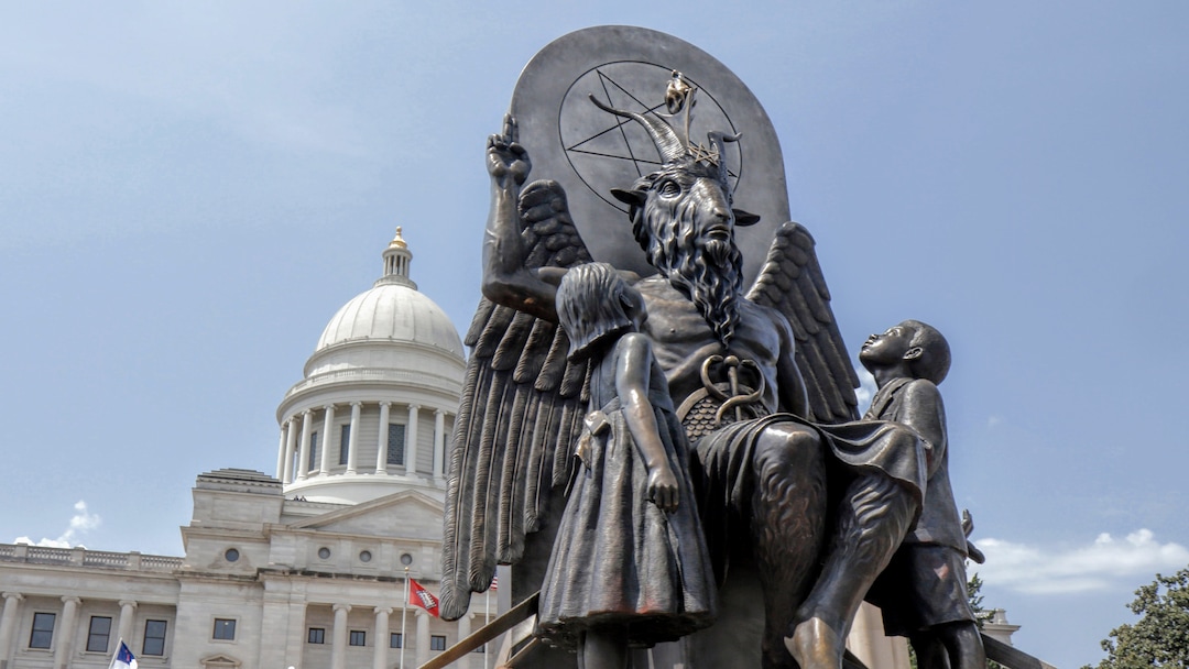 (Photo courtesy Magnolia Pictures) A statue of Baphomet, created by The Satanic Temple, in front of the Arkansas state capitol in Little Rock, where a First Amendment battle over a Ten Commandments monument brewed, as shown in the documentary "Hail Satan?"