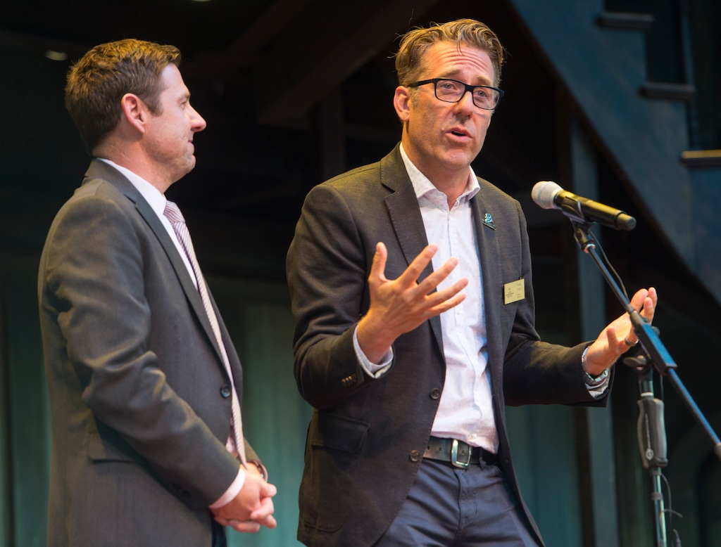Rick Egan | The Salt Lake Tribune
Co-Artistic Directors, Brian Vaughn and David Ivers talk about how theatre has effected their lives, during the dedication of the Engelstad Shakespeare Theatre, in Cedar City, Thursday, July 7, 2016.
