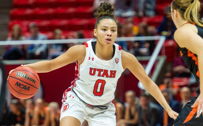 (Rick Egan  |  The Salt Lake Tribune)     Utah Utes guard Kiana Moore (0) runs the offense, in PAC-12 basketball action between the Utah Utes and the Oregon State Beavers at the Jon M. Huntsman Center, Saturday, Feb. 1, 2020.