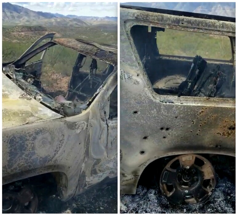(Kenny Miller | Courtesy of Alex LeBaron via AP) This combination of frames from Nov. 4, 2019, video by Kenny Miller and posted on the Twitter account of Alex LeBaron shows two views of a burned-out vehicle that was being used by some members of the LeBaron family as they were driving in a convoy near the Sonora-Chihuahua border in Mexico. Mexican authorities say drug cartel gunmen ambushed multiple vehicles, including this one, slaughtering several women and children.