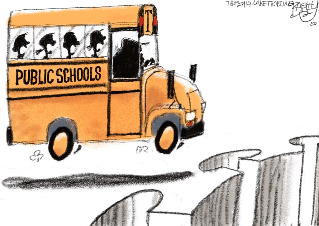 (Pat Bagley | The Salt Lake Tribune) This cartoon, titled "Schooled by COVID," appears in The Salt Lake Tribune on Thursday, July 9, 2020.