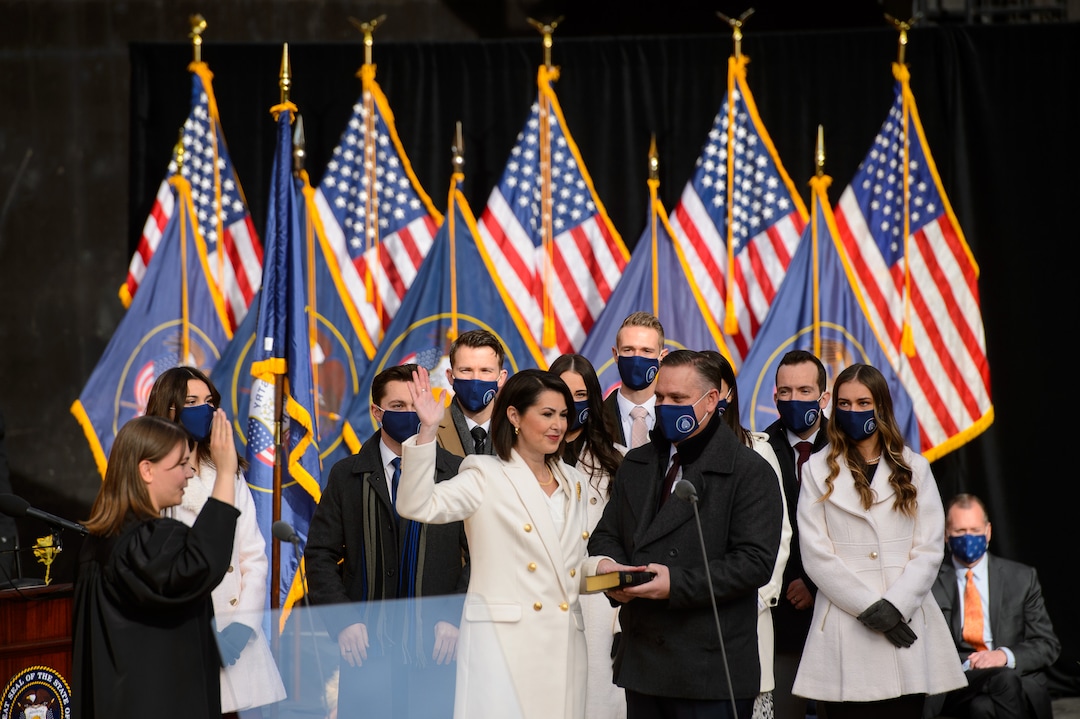 (Trent Nelson  |  The Salt Lake Tribune) Deidre Henderson is sworn in as lieutenant governor by Utah Supreme Court Justice Paige Peterson at Tuacahn Center for the Arts in Ivins on Monday, Jan. 4, 2021. At right is Gabe Henderson.