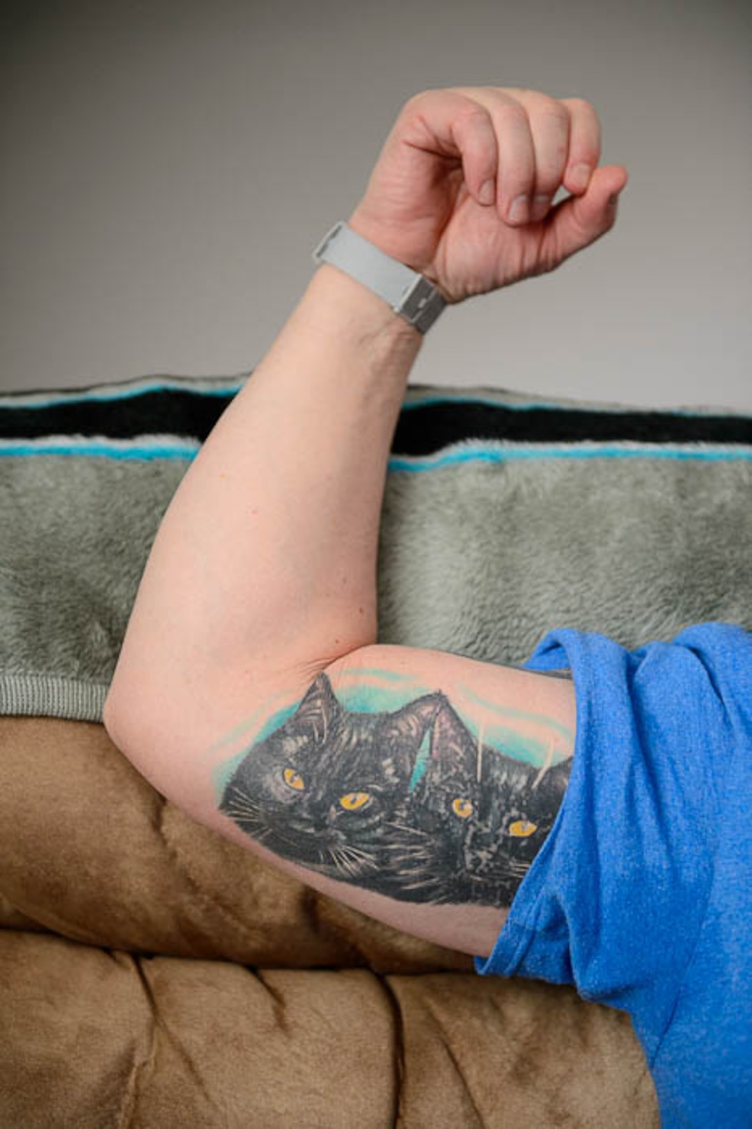 (Trent Nelson | The Salt Lake Tribune)  Jim Vesock displays a tattoo of his pet cats, Raidan and Raidat, in West Valley City on Wednesday March 13, 2019.