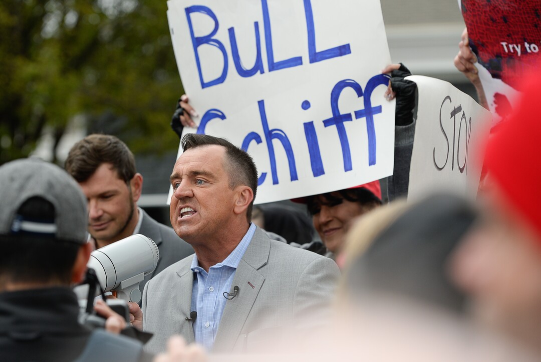 (Francisco Kjolseth | The Salt Lake Tribune) Former Utah House of Representatives speaker Greg Hughes speaks to President Trump supporters as two competing rallies spar near U.S. Rep. Ben McAdams' office in West Jordan, one seeking to support McAdams and one to criticize him for supporting the impeachment inquiry of President Donald Trump on Wednesday, Oct. 9, 2019.