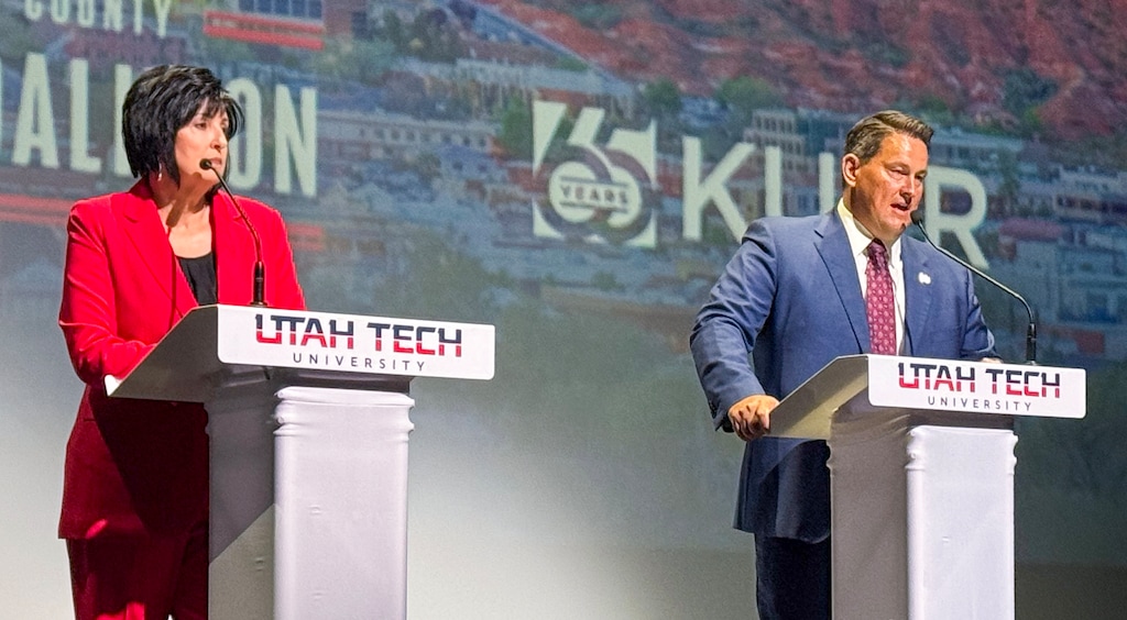 (Mark Eddington | The Salt Lake Tribune) Mayor Michele Randall, left, and Jimmie Hughes participate in a St. George mayoral debate in October. Hughes defeated the incumbent in the fall general election,