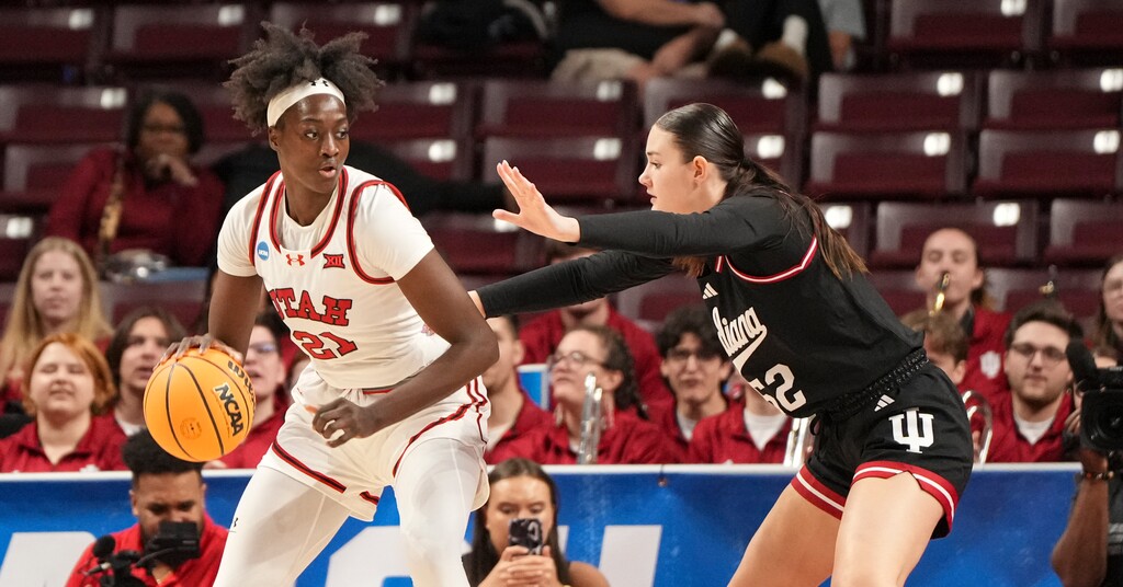 (David Yeazell | AP) Indiana forward Lilly Meister (52) defends against Utah forward Maye Toure (21) during the first half in the first round of the NCAA college basketball tournament, Friday, March 21, 2025, in Columbia, S.C.
