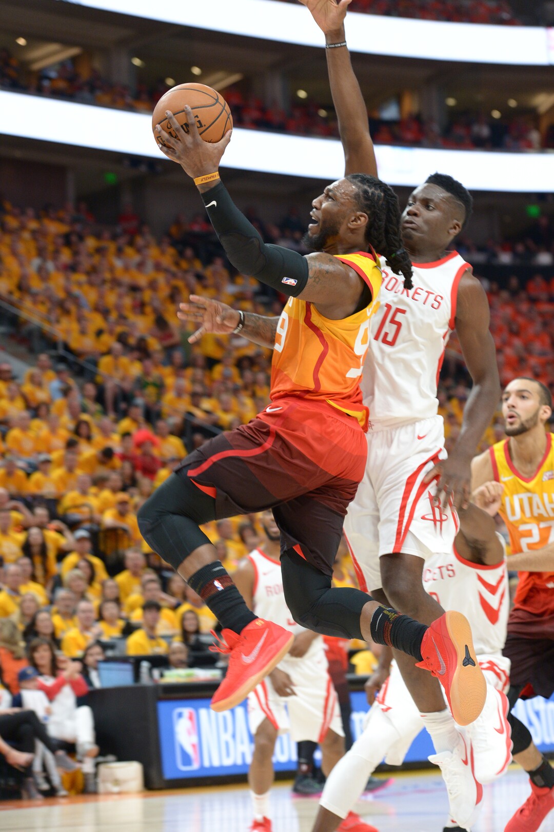 (Leah Hogsten  |  The Salt Lake Tribune) Utah Jazz forward Jae Crowder (99) fights past Houston Rockets center Clint Capela (15) as the Utah Jazz take on the Houston Rockets in Game 3 of an NBA basketball second-round playoff series Friday, May 4, 2018 in Salt Lake City.