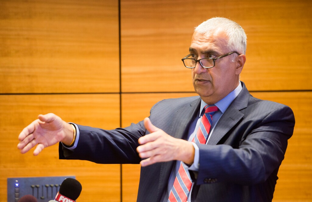 (Rick Egan  |  Tribune file photo)

District Attorney Sim Gill discusses a 2017 shooting in which a Cottonwood Heights police officer shot and wounded a juvenile male after a high-speed chase that ended near 1300 South and I-15. Wednesday, Nov. 1, 2017.
