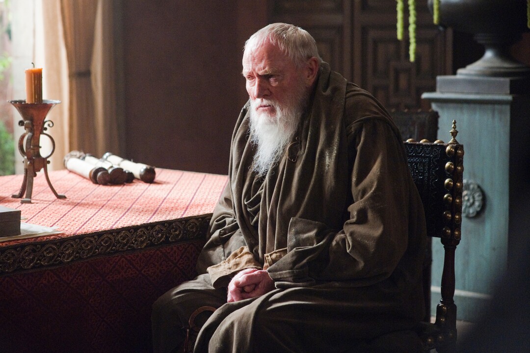 This image released by HBO shows Julian Glover, portraying Grand Maester Pycelle from the HBO series "Game of Thrones." The final season premieres on Sunday. (HBO via AP)