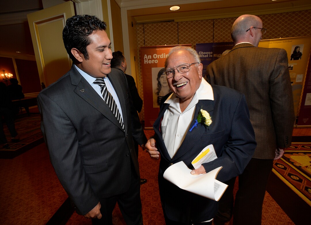 (Scott Sommerdorf   |  The Salt Lake Tribune)   Nate Salazar, left, of Mayor Biskupski's office, speaks with retired educator, Latino activist, and civil rights advocate Robert "Archie" Archuleta prior to his being presented with the Albert Fritz Civil Rights Worker of the Year Award, by the Salt Lake branch of the NAACP, Friday, October 27, 2017. 