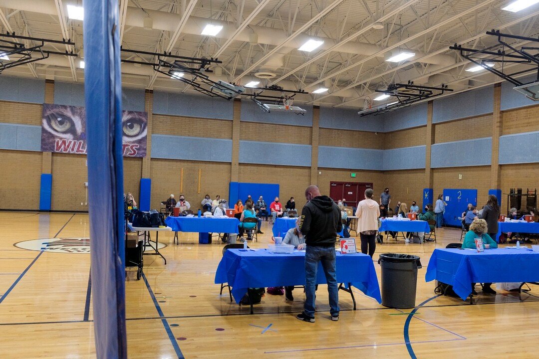 (Leah Hogsten | The Salt Lake Tribune) Over 2200 employees of the Jordan School District were invited to West Hills Middle School to receive their coronavirus vaccination, Feb. 12, 2021.