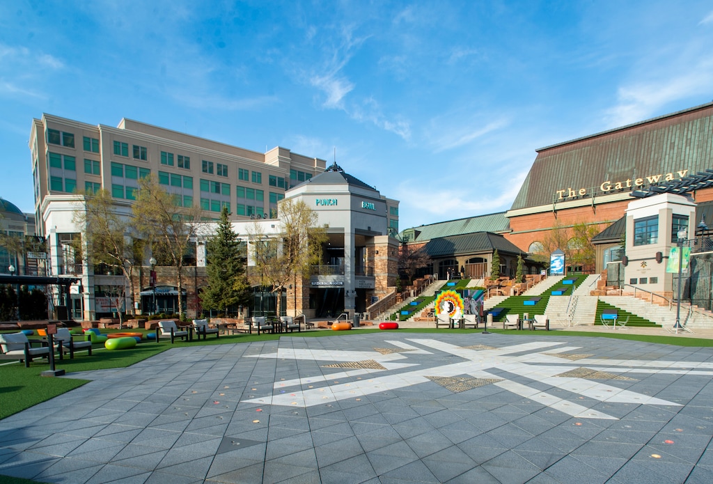 (Rick Egan  |  The Salt Lake Tribune)  The Olympic Plaza at The Gateway in 2020. The mall is back on the market.