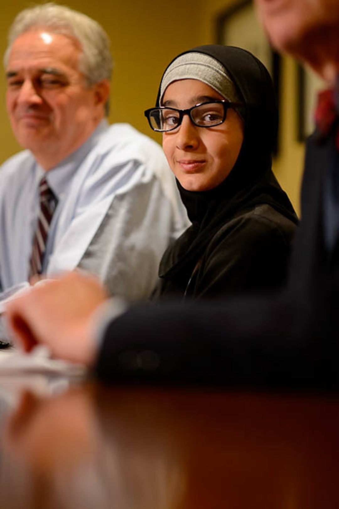 (Trent Nelson | The Salt Lake Tribune)  The Refugee Justice League, a group of attorneys that provide pro-bono work for refugees in Utah, held a news conference tomorrow to discuss a letter they are sending to school districts asking them to adopt best practices to better handle reports of students bullying/singling out refugee students for their religious clothing, in Murray on Thursday Nov. 15, 2018. At center is Maram Al-Shammari, an 11-year-old Muslim girl, who recounted her experience of having her hijab pulled off her head at school. At left is Dr. McKell Withers and right is James McConkie.