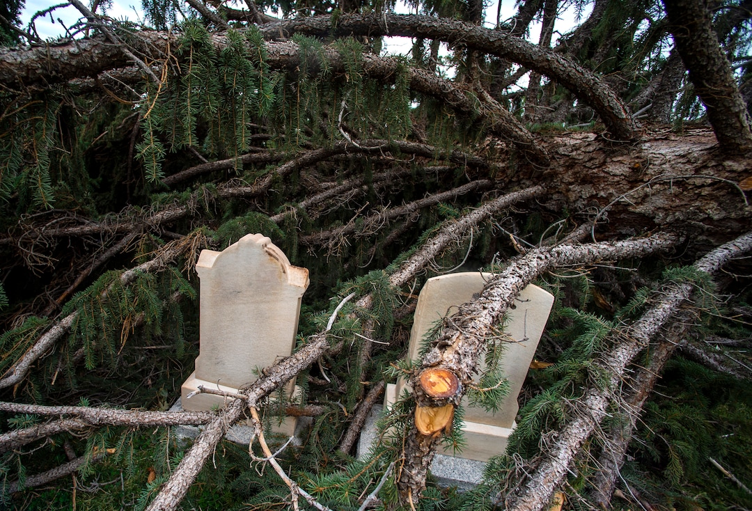 (Rick Egan  |  The Salt Lake Tribune)    Hundreds of headstones in the Salt Lake City Cemetery were damages in the recent wind storm, Friday, Sept. 18, 2020.