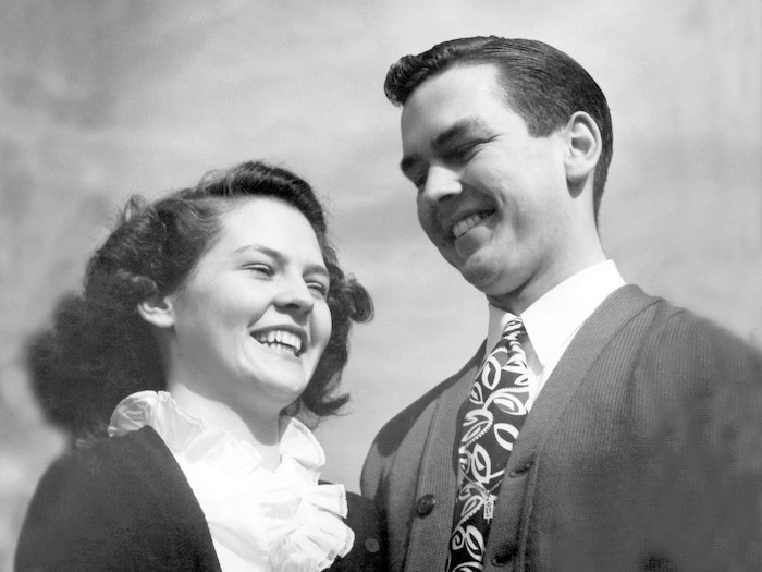 (The Church of Jesus Christ of Latter-day Saints) Russell and his first wife, Dantzel Nelson, at the University of Utah in 1942.