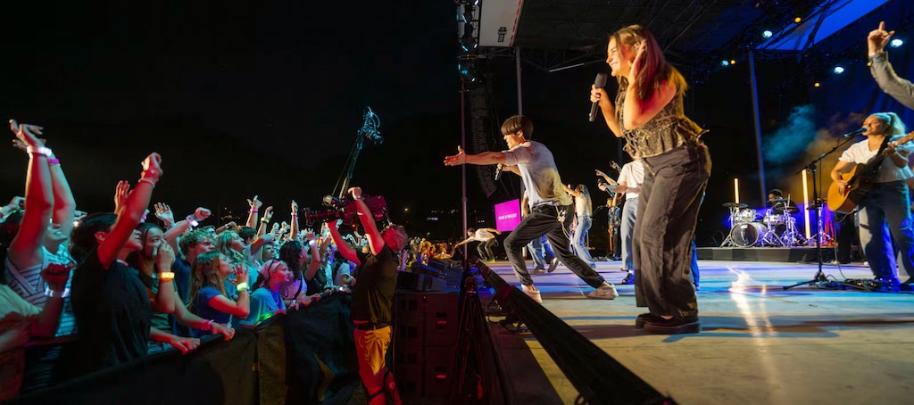 (Scott G Winterton | Courtesy of Church News) Strive to Be artists sing and dance on stage at Brigham Young University in Provo, Utah, during the filming of “Festival: A Youth Concert” on Wednesday, June 11, 2025. Contemporary Christian music is soaring in popularity.