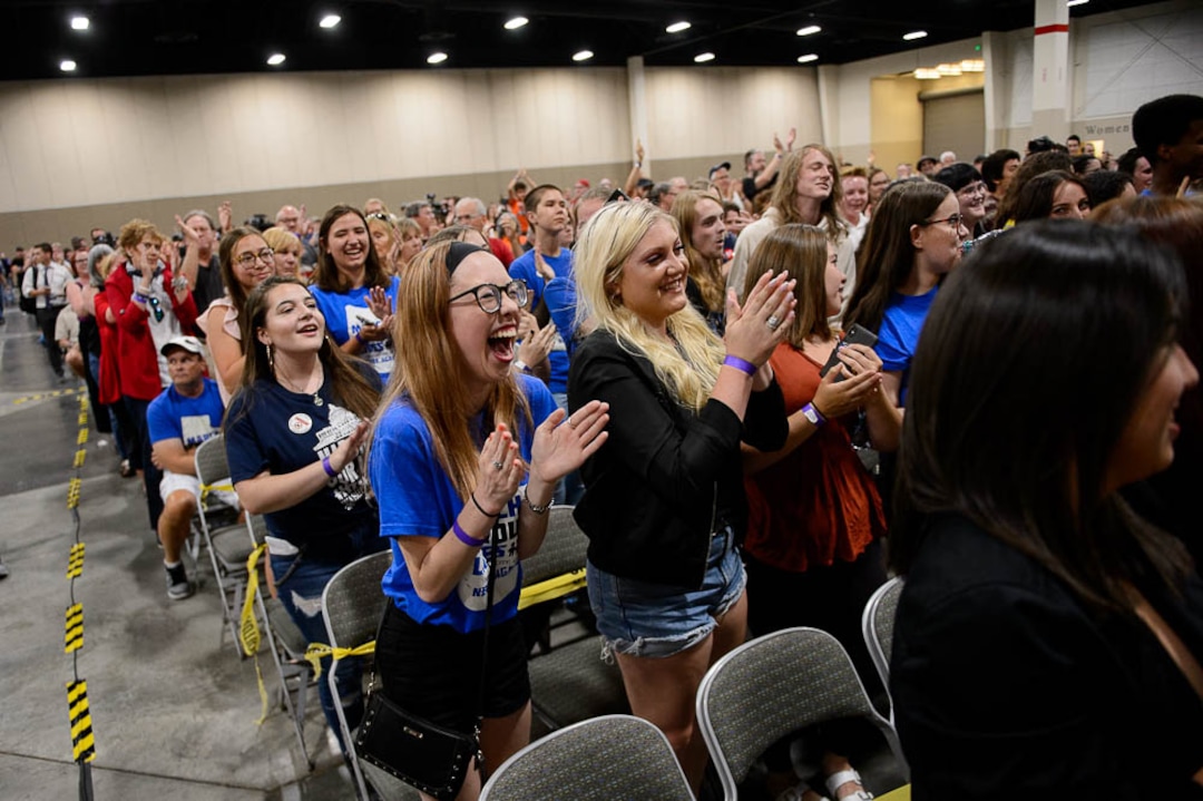 (Trent Nelson | The Salt Lake Tribune)  Student activists involved with the March for Our Lives movement are applauded at a town hall at the Mountain America Expo Center in Sandy, Saturday July 14, 2018.