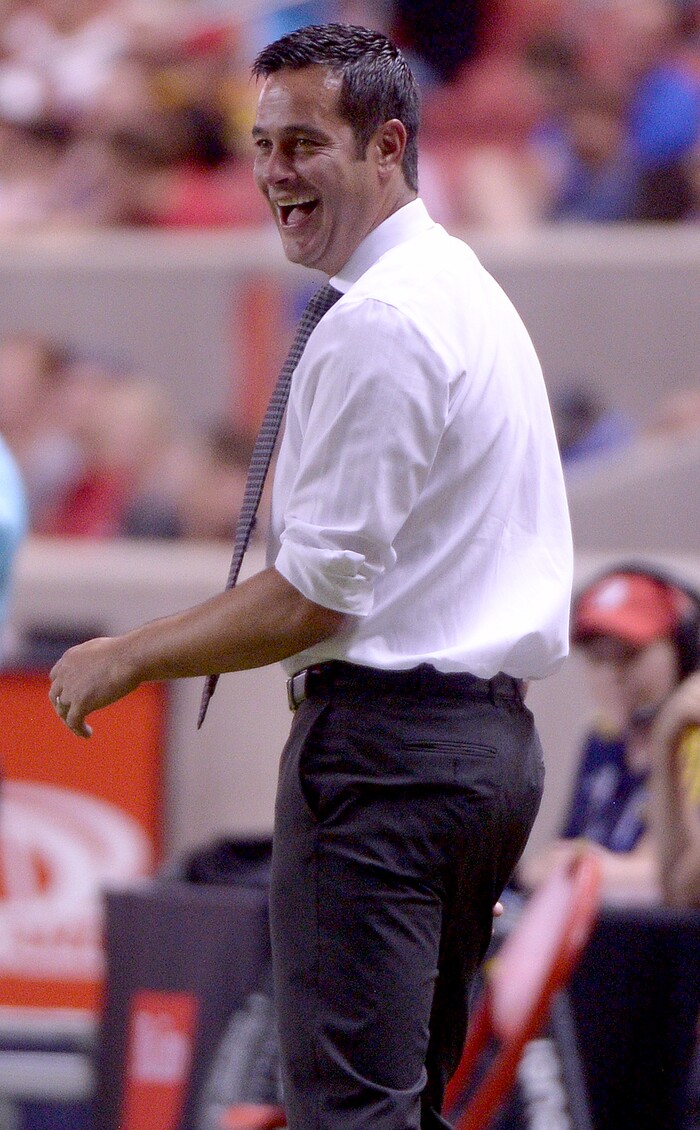 (Leah Hogsten  |  The Salt Lake Tribune) Real Salt Lake head coach Mike Petke celebrates the win. Real Salt Lake defeated the Colorado Rapids 4-1 for the Rocky Mountain Cup at Rio Tinto Stadium, Saturday, August 26, 2017. 