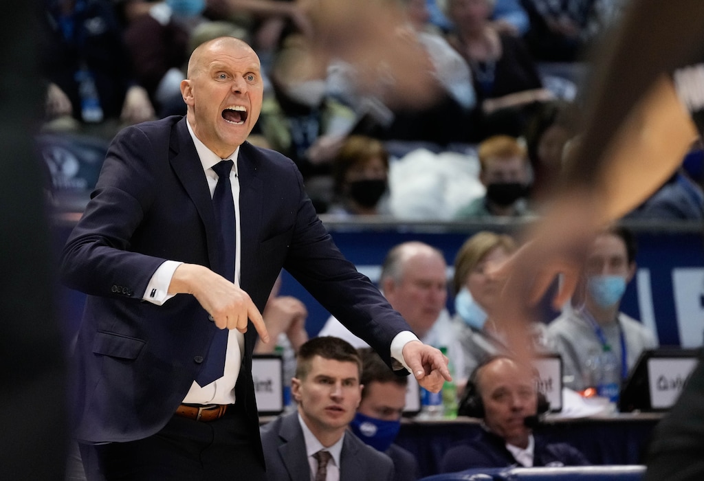 (Francisco Kjolseth | The Salt Lake Tribune) BYU coach Mark Pope yells out to his team in WCC basketball action between the Brigham Young Cougars and the Portland Pilots, at the Marriott Center, on Saturday, January 22, 2022.