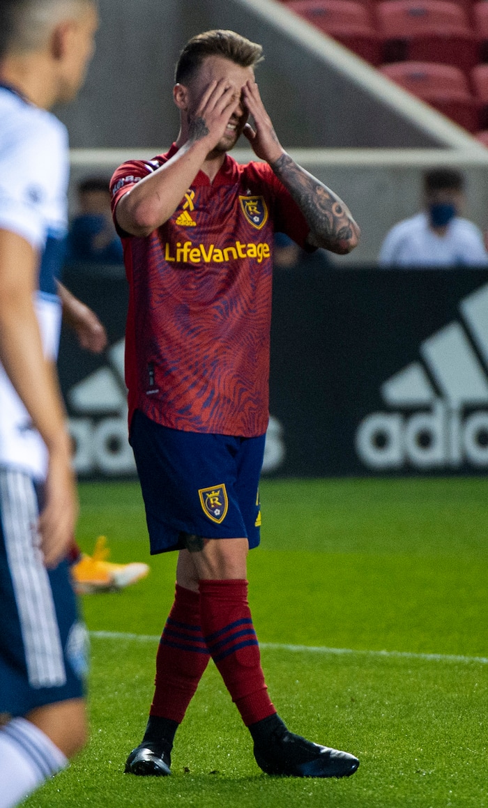 (Rick Egan  |  The Salt Lake Tribune)   Real Salt Lake midfielder Albert Rusnak (11) reacts after narrowlibng missing a goal, in MLS soccer action between Real Salt Lake and the Vancouver Whitecaps at Rio Tinto Stadium on Monday, Sept. 14, 2020.

 
