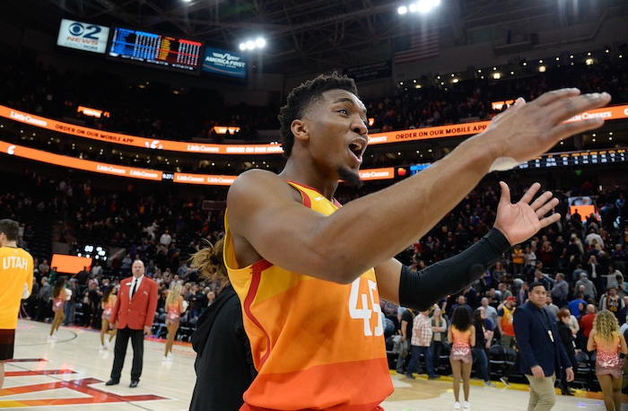 (Francisco Kjolseth  |  The Salt Lake Tribune)  Utah Jazz guard Donovan Mitchell (45) celebrates his team's 100-94 win over the Piston's in their NBA game at Vivint Smart Home Arena Monday, Jan. 14, 2019, in Salt Lake City.
