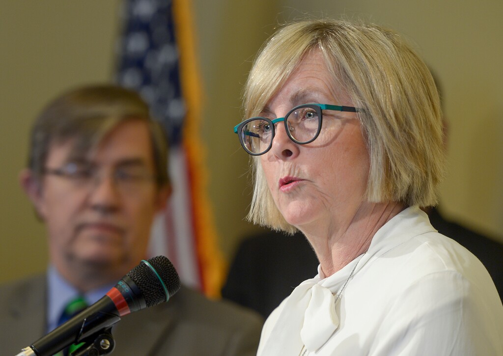 (Leah Hogsten  |  The Salt Lake Tribune) Rep. Rebecca Edwards, R-North Salt Lake, speaking Feb. 28, 2018.