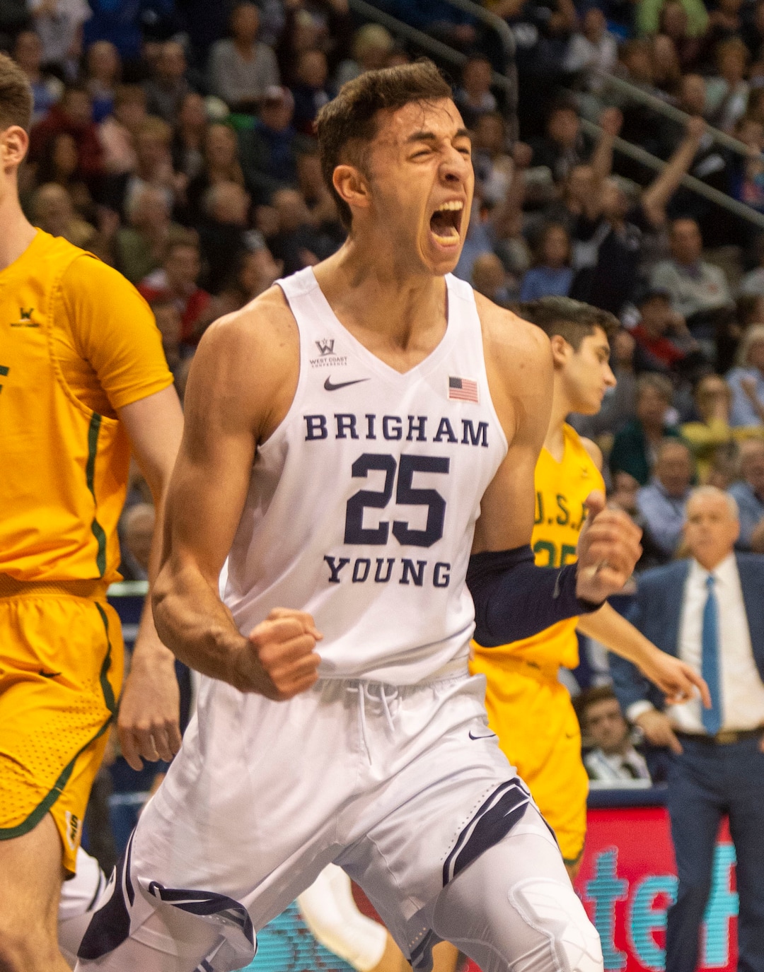 (Rick Egan  |  The Salt Lake Tribune)      Brigham Young Cougars forward Gavin Baxter (25) reacts as the Brigham Young Cougars extend their lead early in the second half, in WCC basketball action between Brigham Young Cougars and San Francisco Dons, at the Marriott  Center, Thursday, February 21, 2018.