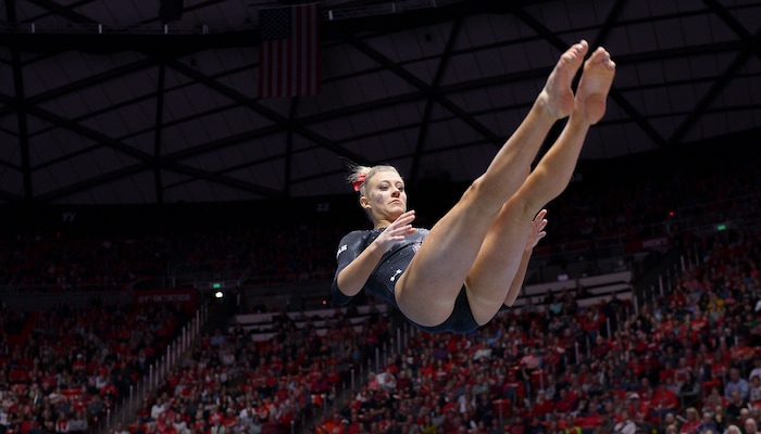 (Leah Hogsten  |  The Salt Lake Tribune) MaKenna Merrill-Giles received a 10 on her floor routine as the No. 4 Utah gymnasts host No. 20 Georgia in the final regular season meet at Jon M Huntsman Center in Salt Lake City Friday, March 16, 2018. 